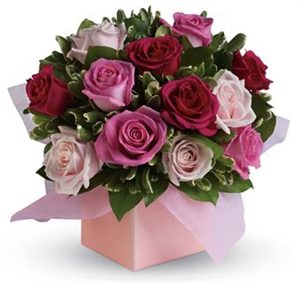 Box of Pink & Red Roses with Greenery